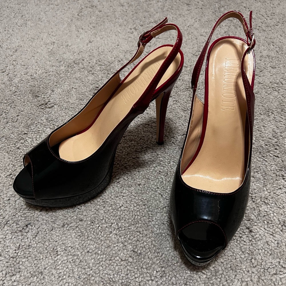 (SOLD) Black and Red Patent Peep-Toe Slingback Platform Stiletto Heels